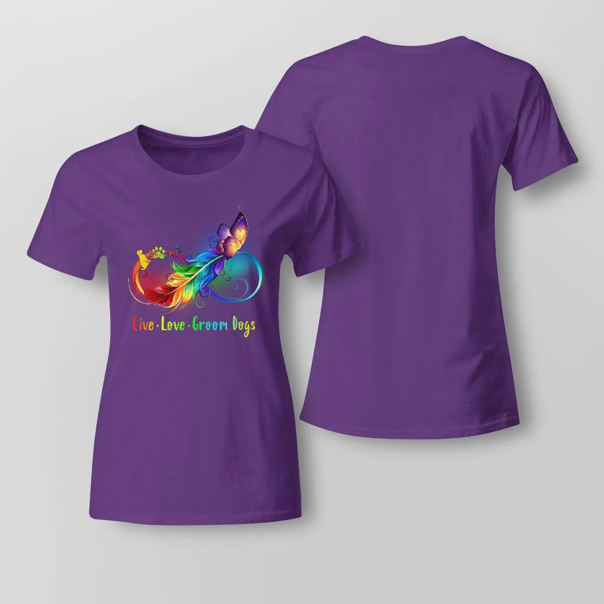 Vibrant Purple T-Shirt for Dog Groomers – Rainbow Feather & Butterfly Design #270922LIVLO13FDOGRZ4
