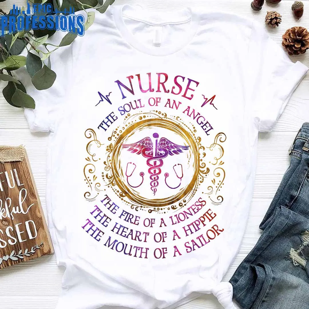 A Nurse’s Essence on Display: White T-Shirt Celebrating the Angelic Souls, Fearless Fire, and Passionate Hearts of Nurses #100223THESOL6FNURSZ4