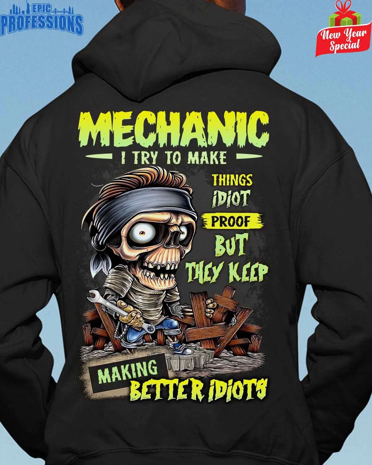 Black Mechanic Hoodie – Skeleton Wrench Graphic Design #040123IDPRF12BMECHZ6