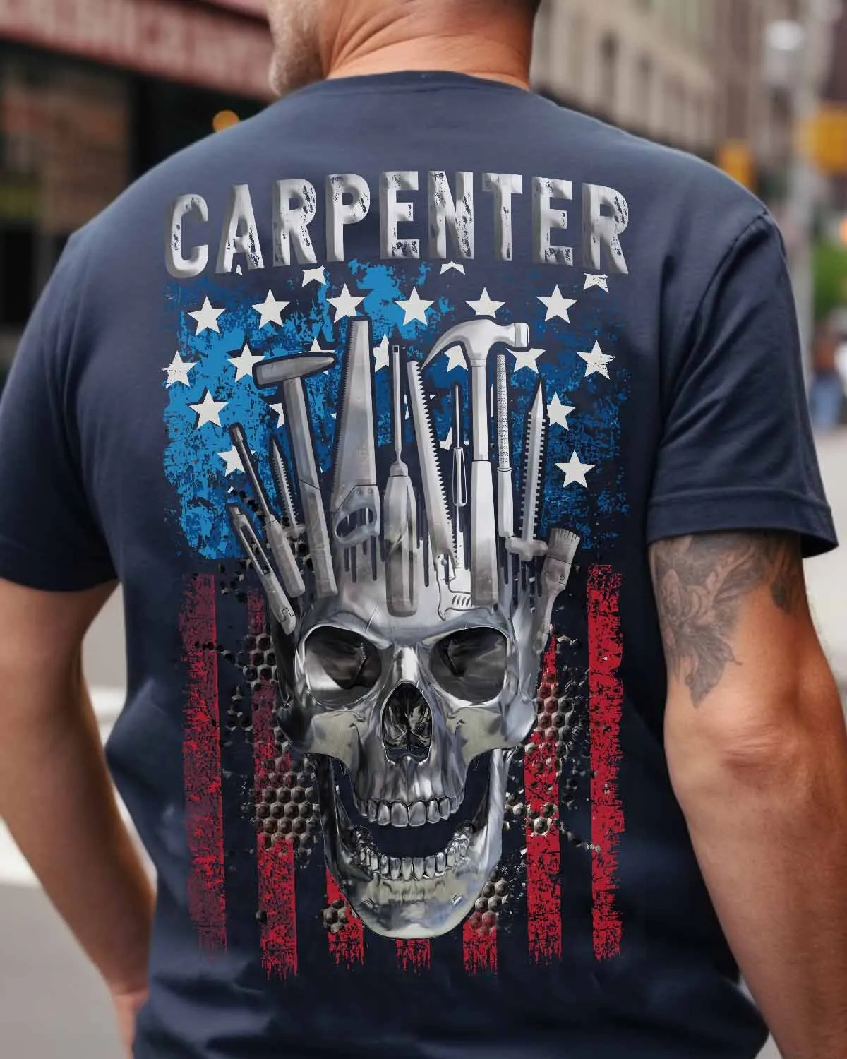 Carpenter T-Shirt – Blue Cotton Tee with Skull and Tools Graphic #M040523USKUL1BCARPZ6