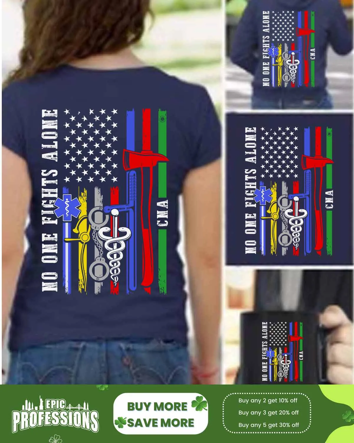 Supportive CNA T-Shirt | Blue Cotton Tee with “NO ONE FIGHTS ALONE” Quote #F230223ONEFI9BCNAZ4