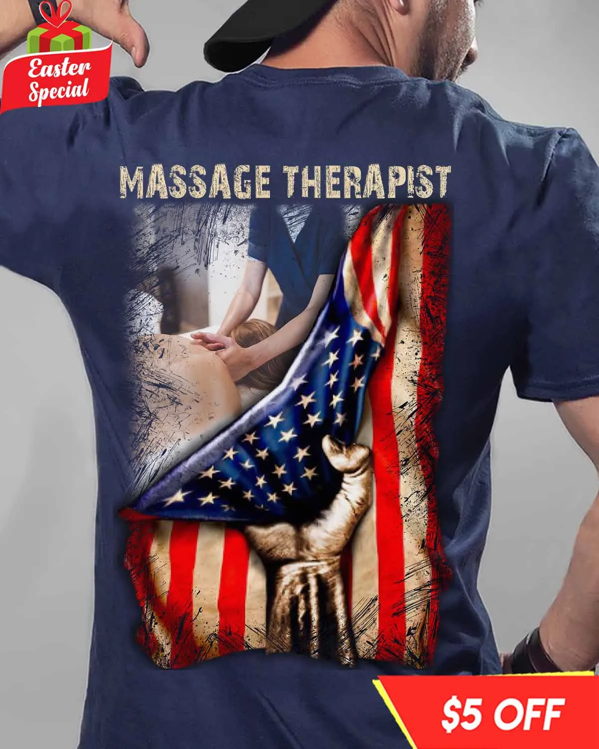 Patriotic Massage Therapist T-Shirt | Hand Holding American Flag #F250323USFLA41BMASSZ4
