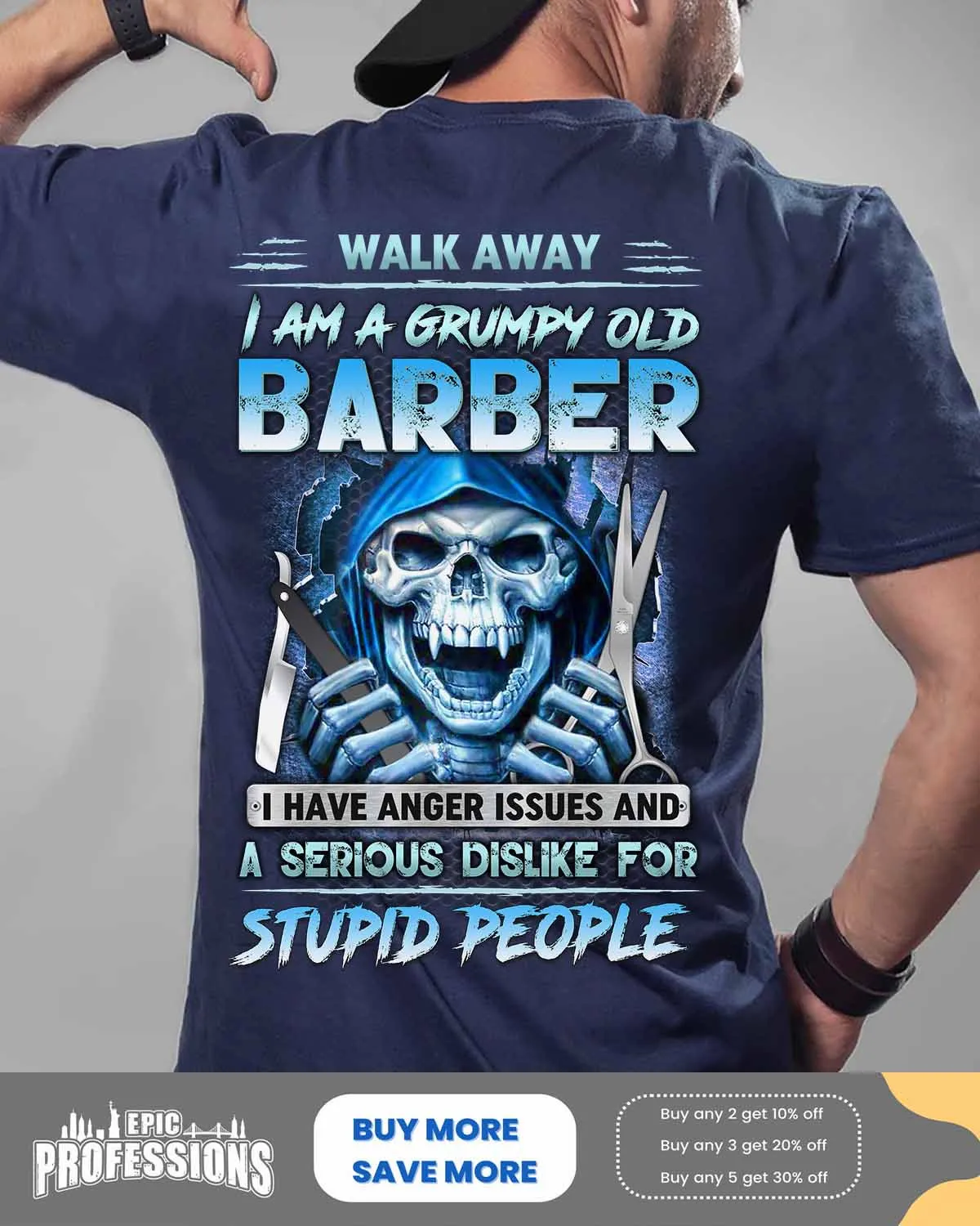 Unique Barber T-Shirt | Blue Skull and Scissors Design #M170223ANGIS8BBARBZ4
